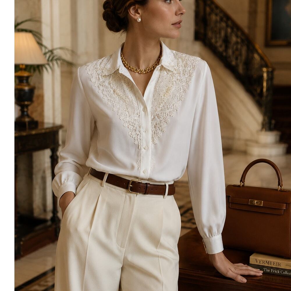 Kathy Che Vintage White Lace Beaded Secretary Blouse Romantic Coquette size 12 L